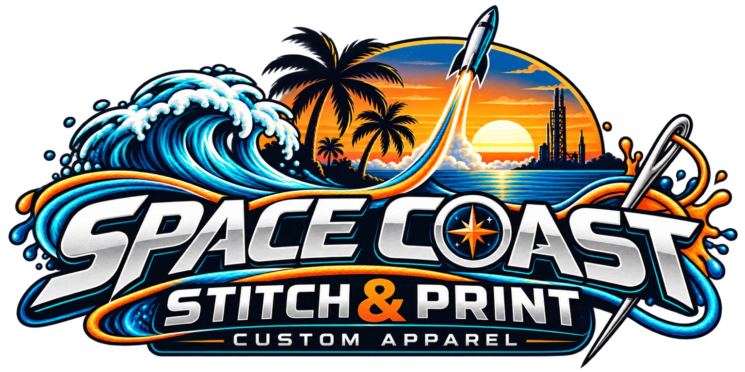 Space Coast Stitch & Print — Custom Apparel, with a rocket, ocean wave, palm trees, and needle